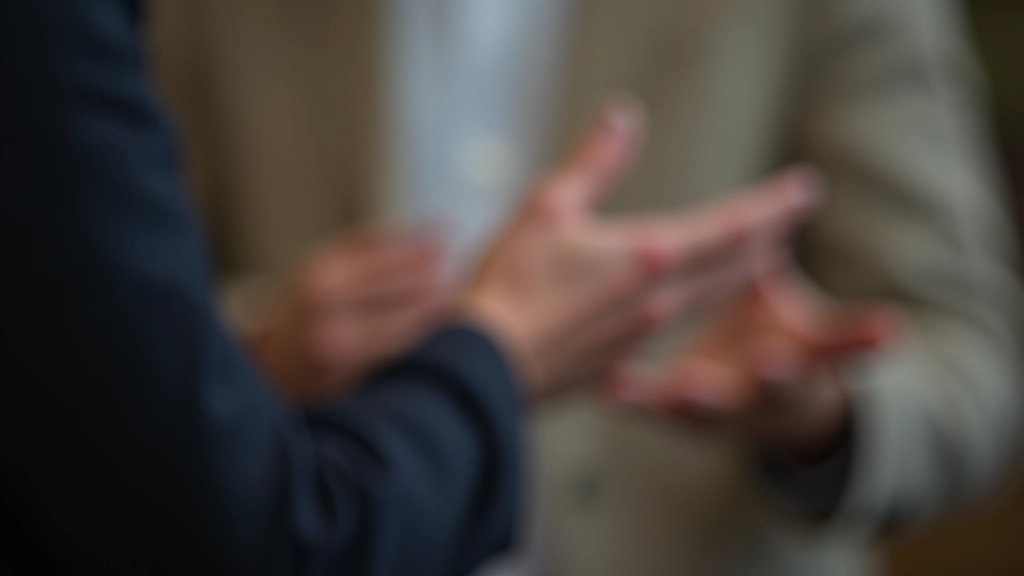 Hands gesturing expressively during a presentation with blurred audience watching