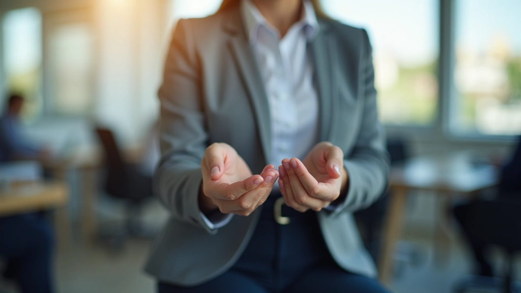 Hands in expressive gesture during business presentation with engaged audience watching