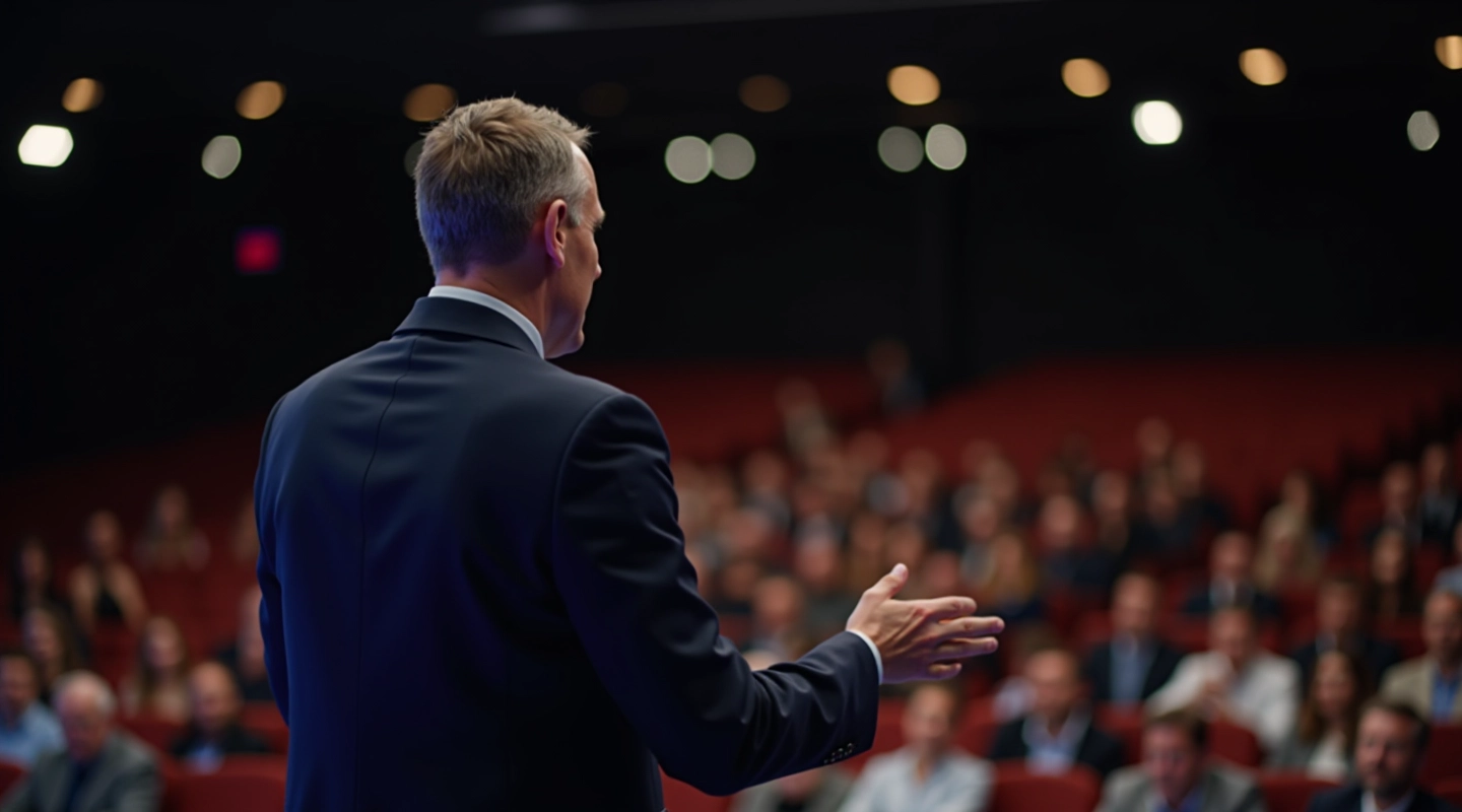 Professional speaker addressing audience with confident posture and engaging hand gestures
