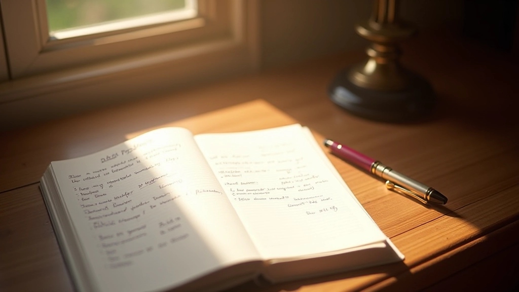 Open book with handwritten notes on a wooden table next to a pen