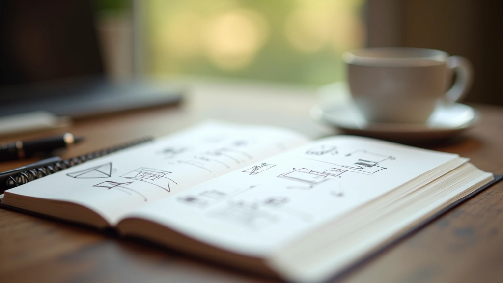 Open notebook with handwritten notes and story structure on wooden table next to pen