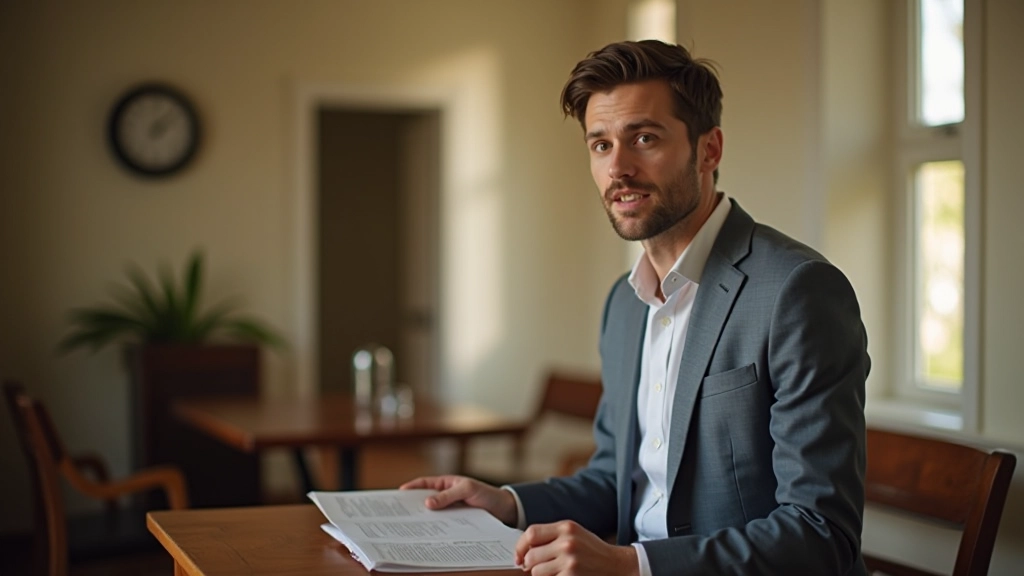 Person practicing presentation while standing at desk with notes and coffee