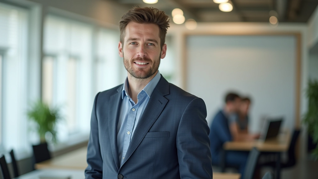 Person standing with confident posture, shoulders back, neutral stance in professional setting, even lighting