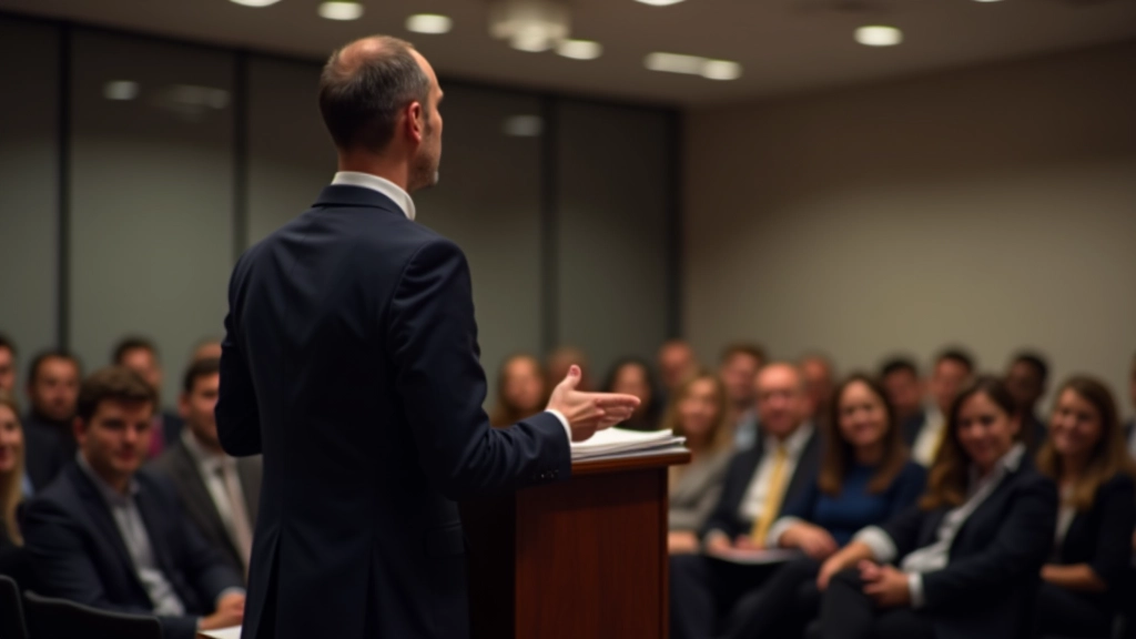 Presenter speaking to engaged audience in modern conference room with warm lighting