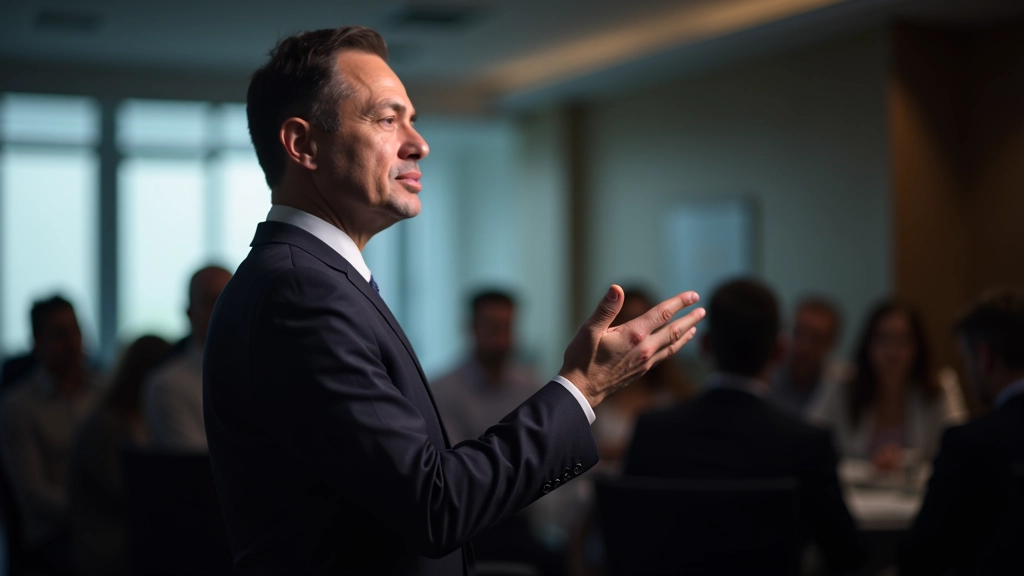Presenter maintaining calm composure while addressing a challenging question from audience member