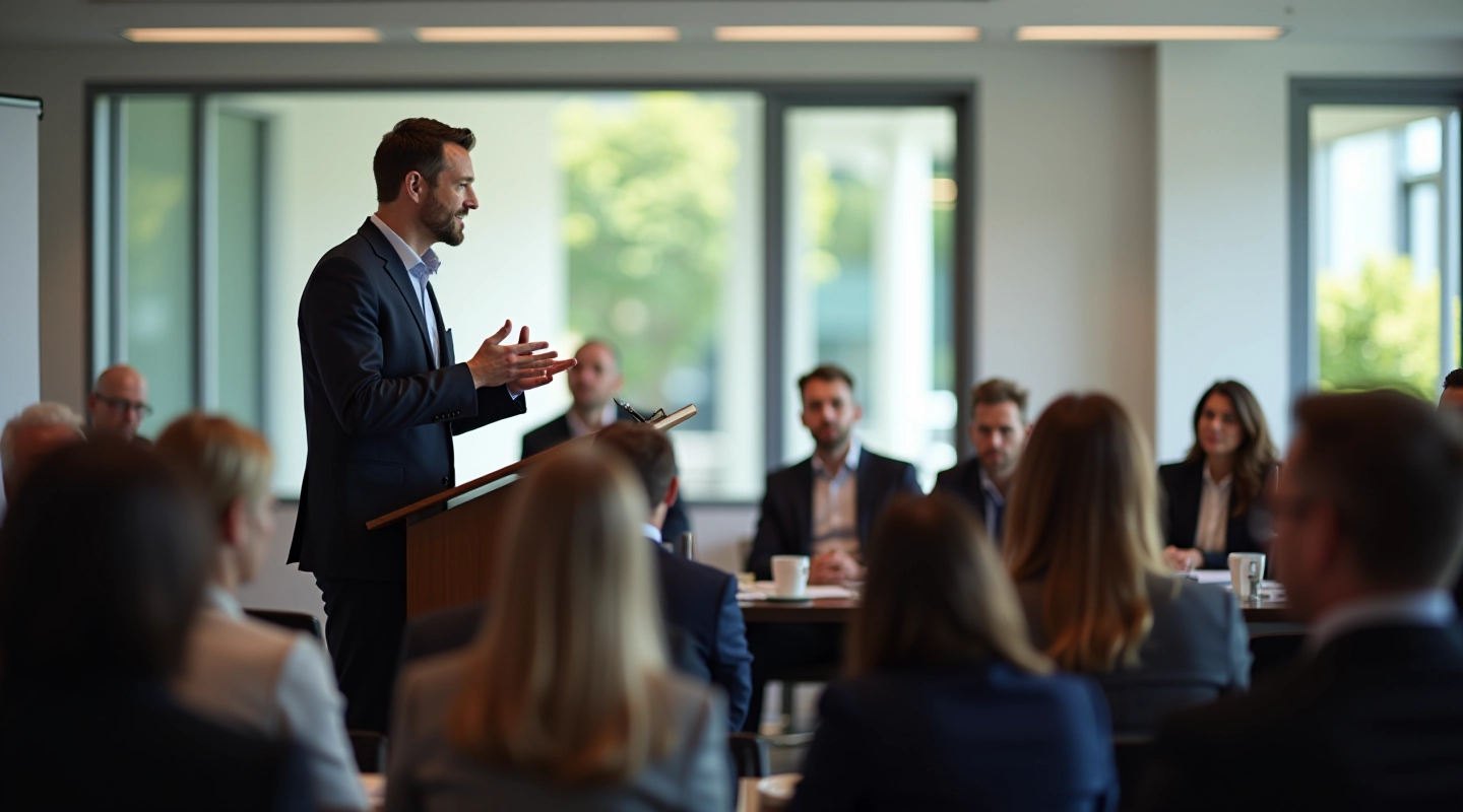 Professional speaker addressing an engaged audience with confidence and presence