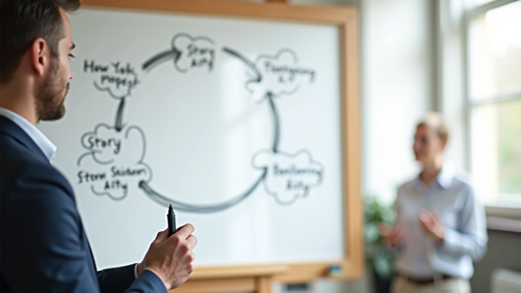 Diagram showing story arc with setup, conflict, and resolution phases on a whiteboard