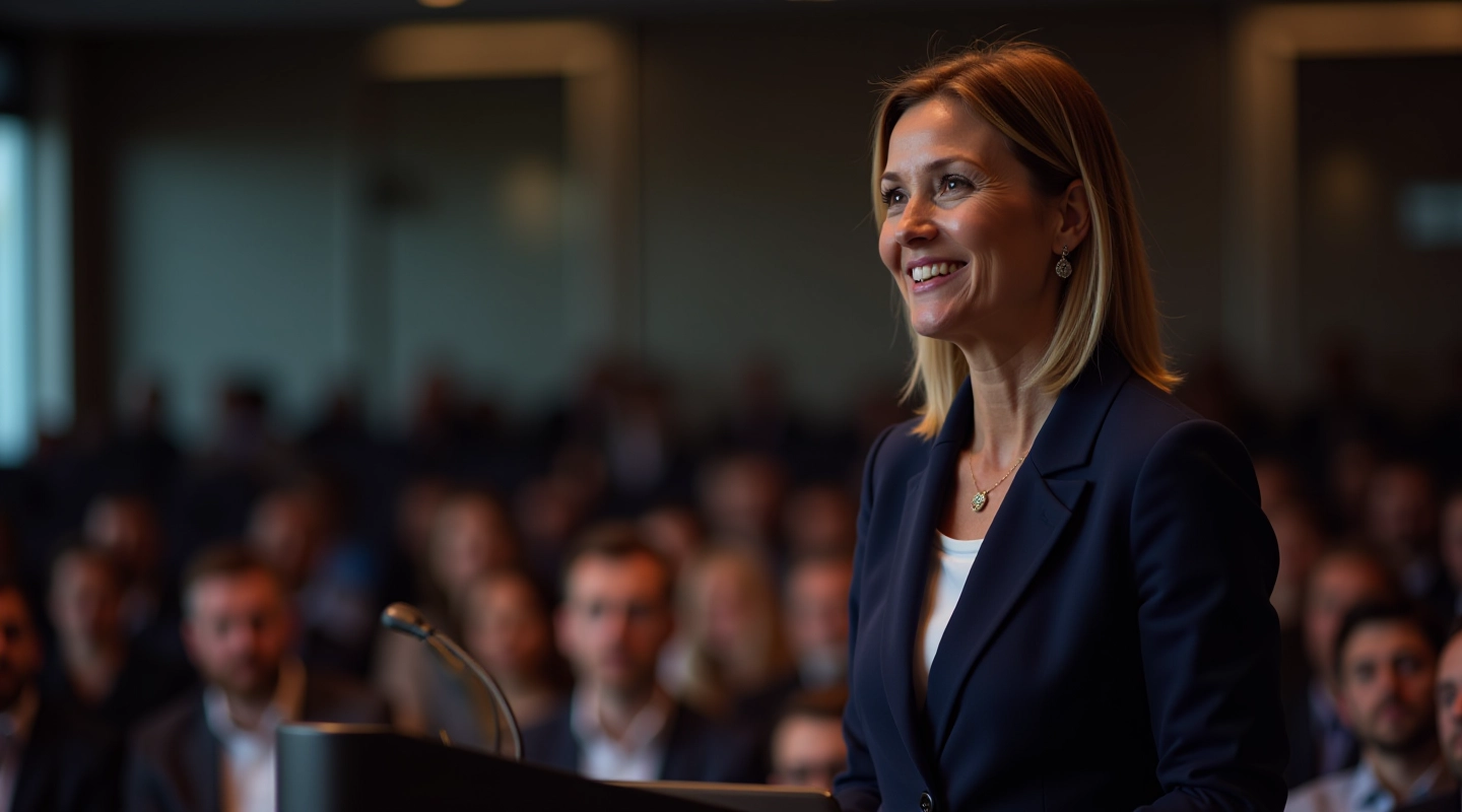 Professional woman speaking at a podium with audience in background, confident posture