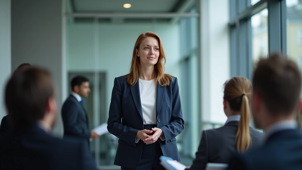 Woman presenting to colleagues, showing confident body language while answering a question from the audience